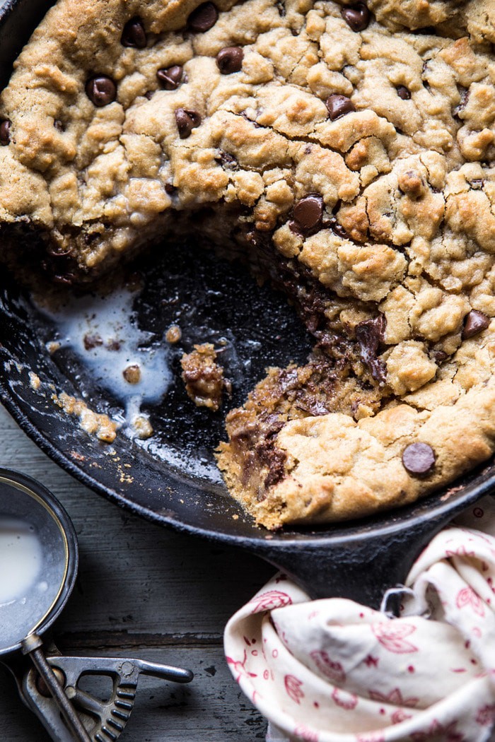 close up photo of eaten Whole Wheat Chocolate Chip Skillet Cookie