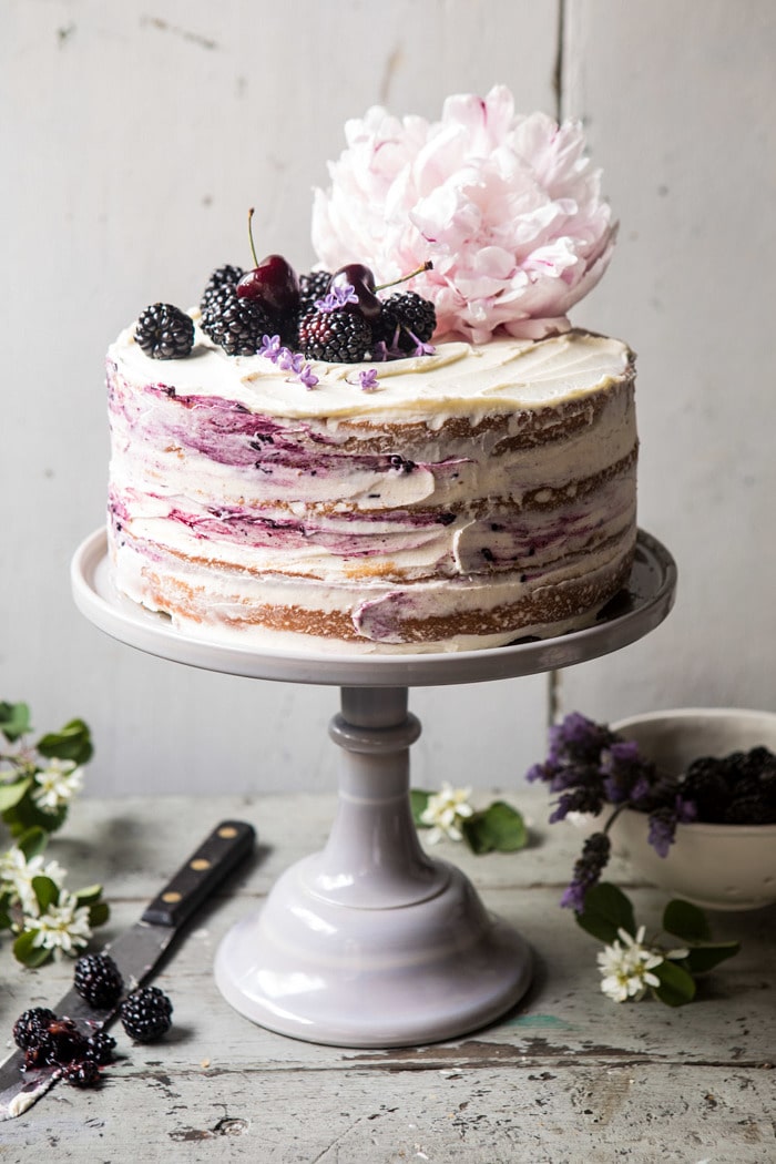 front on photo of Blackberry Lavender Naked Cake with White Chocolate Buttercream