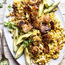 Brown Butter Scallops with Corn, Bacon, and Avocado Salad.