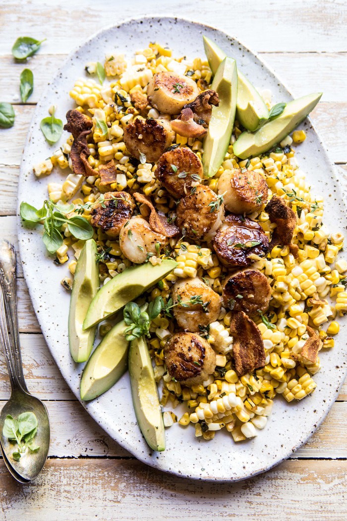 overhead photo of Brown Butter Scallops with Corn, Bacon, and Avocado Salad 
