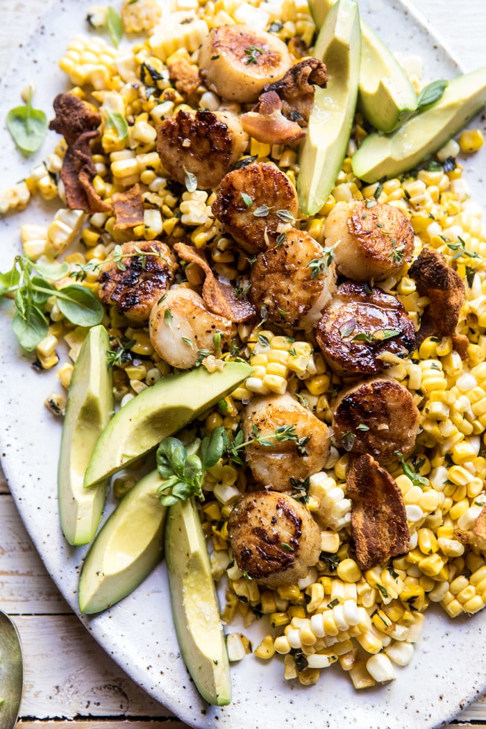 closeup overhead photo of Brown Butter Scallops with Corn, Bacon, and Avocado Salad