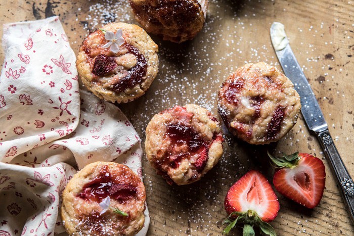 overhead horizontal photo of Honey Strawberry Muffins