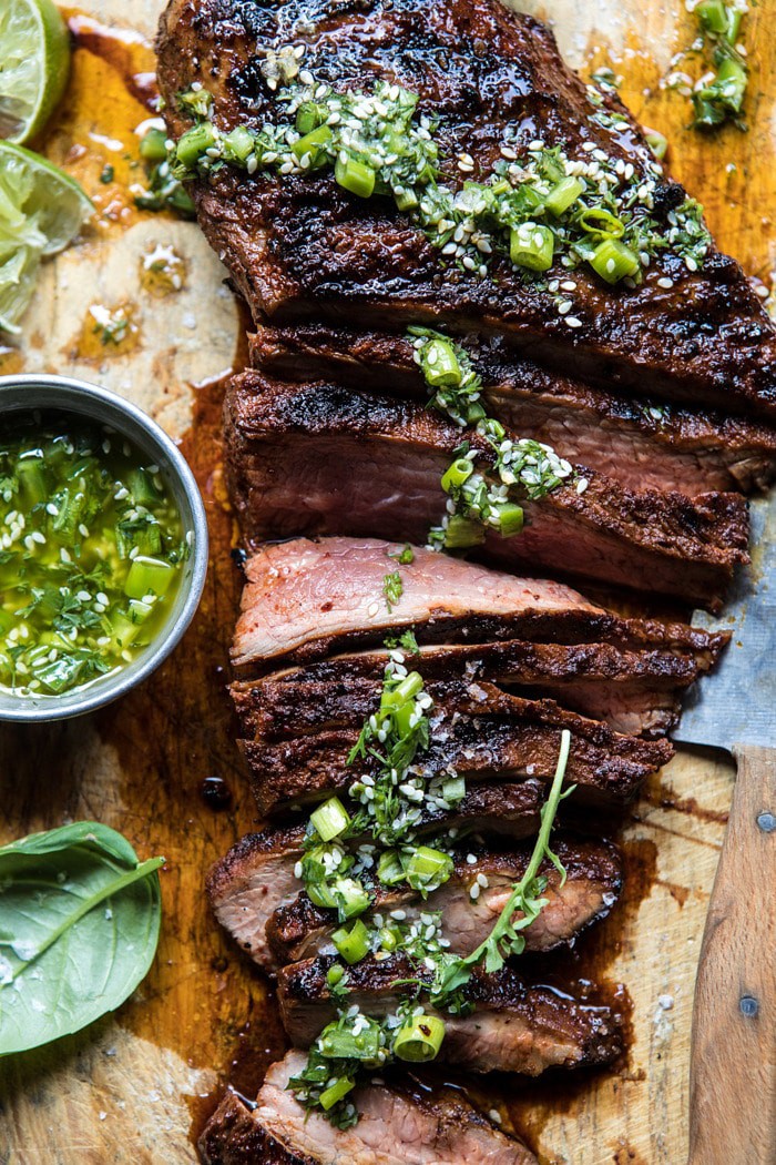 overhead close up photo of Korean Grilled Steak with Toasted Sesame Chimichurri 