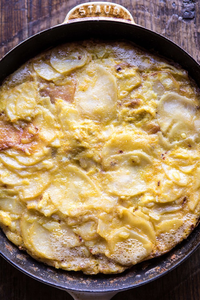 overhead photo Spanish Tortilla in skillet 