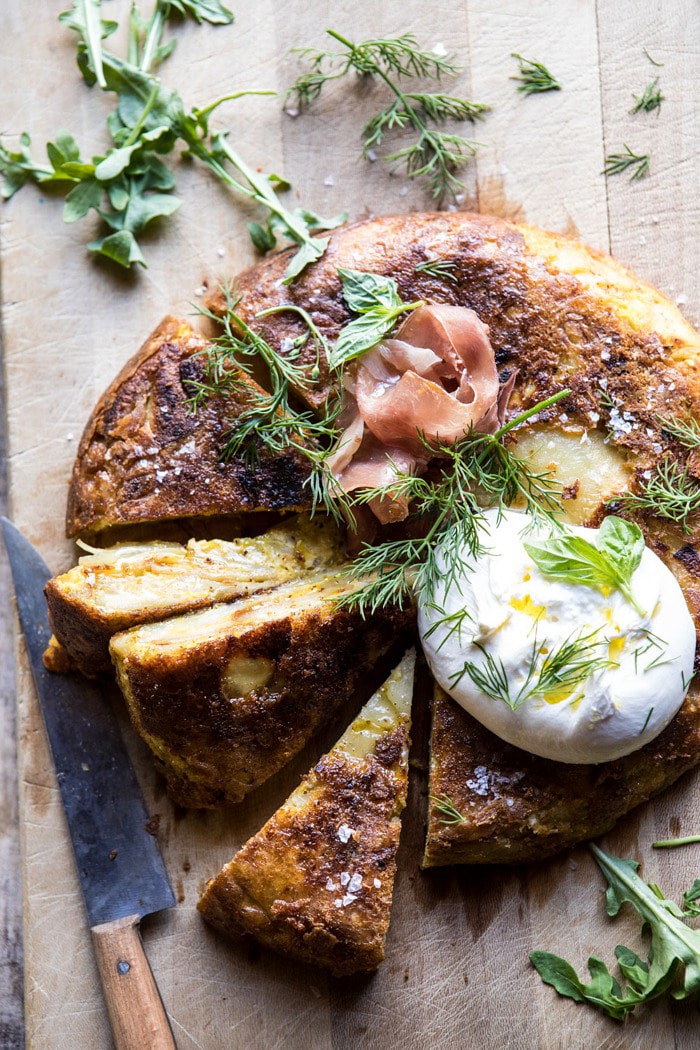 overhead close up photo of Spanish Tortilla with Burrata and Herbs 