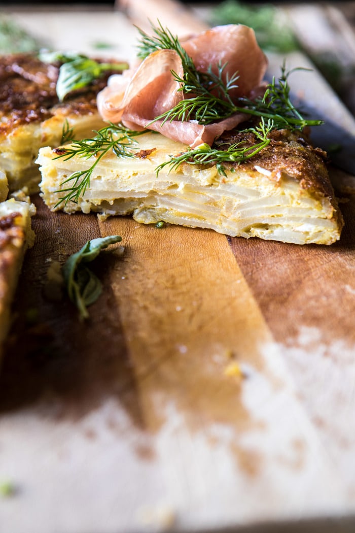 side angle photo of Spanish Tortilla with Burrata and Herbs