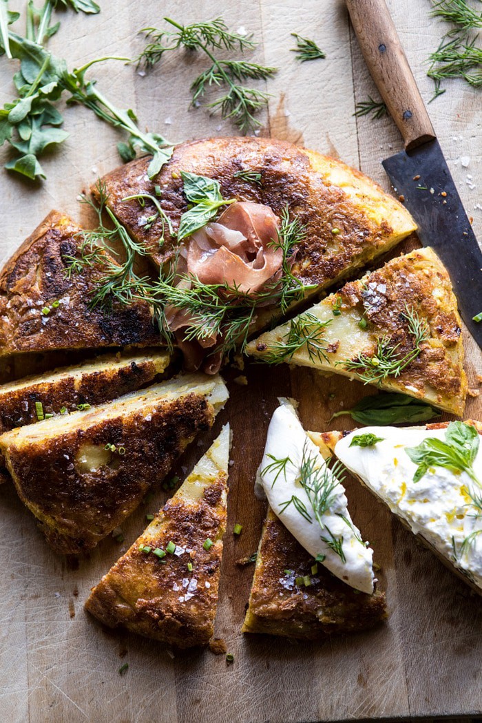overhead cut into photo Spanish Tortilla with Burrata and Herbs