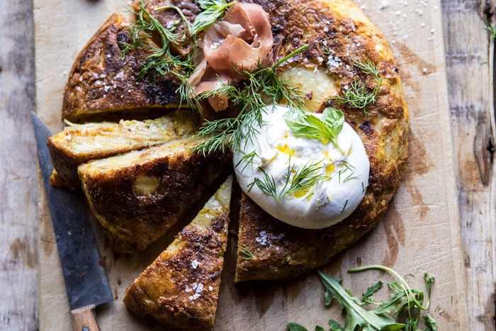 horizontal photo of Spanish Tortilla with Burrata and Herbs