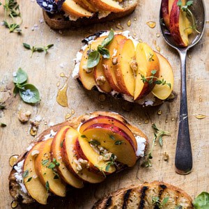 Thyme, Honey, Peach, and Goat Cheese Crostini | halfbakedharvest.com #peaches #summerrecipes #appetizers #easy
