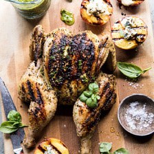 Whole Grilled Chicken with Peaches and Basil Vinaigrette.
