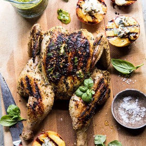 Whole Grilled Chicken with Peaches and Basil Vinaigrette | halfbakedharvest.com #chicken #easy #grilling #summer