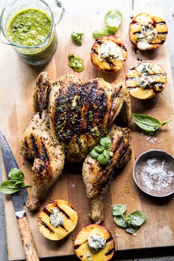 Whole Grilled Chicken with Peaches and Basil Vinaigrette.