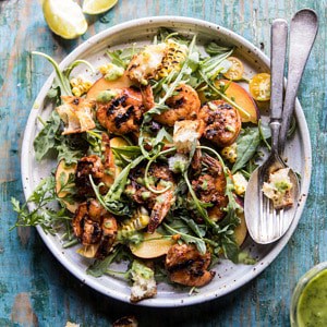 Zesty Grilled Shrimp, Bread and Sweet Peach Salad with Avocado Vinaigrette.