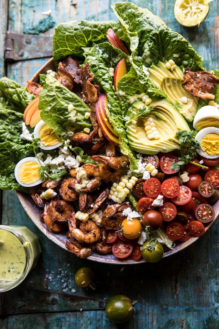 overhead photo Chipotle Shrimp Cobb Salad with Jalapeno Corn Vinaigrette 