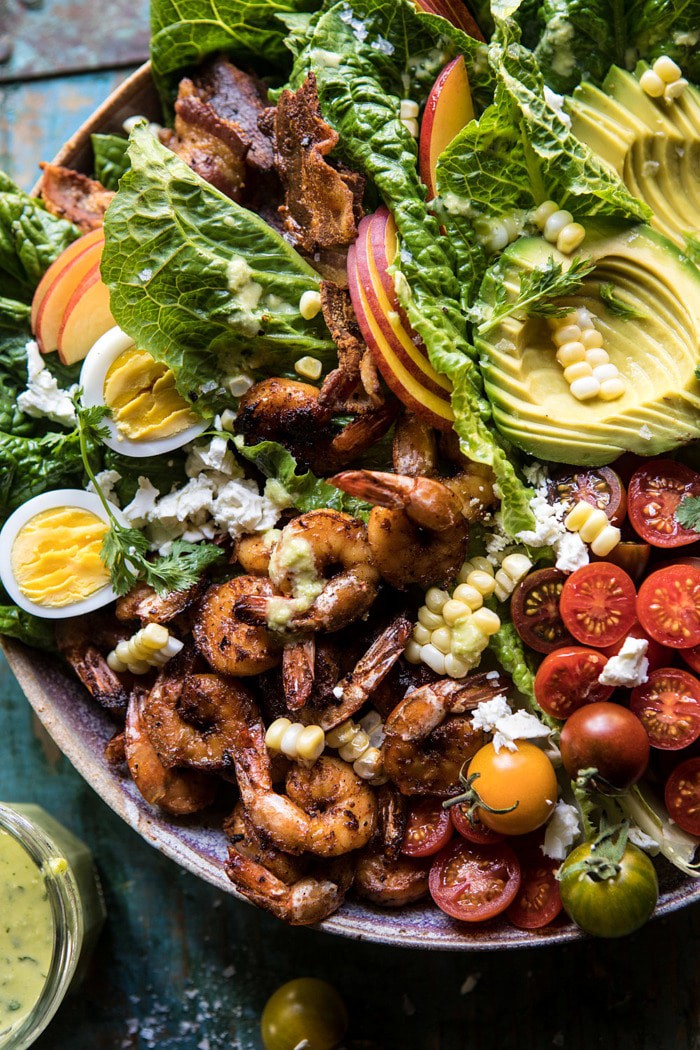 close up overhead photo Chipotle Shrimp Cobb Salad with Jalapeno Corn Vinaigrette