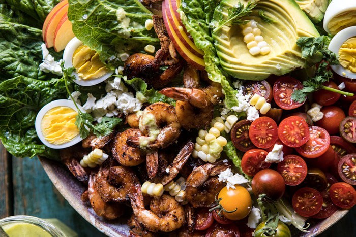 horizontal photo of Chipotle Shrimp Cobb Salad with Jalapeno Corn Vinaigrette