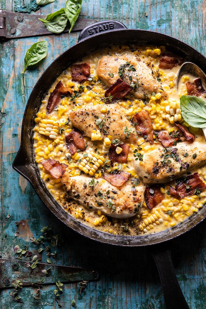 overhead photo of Garlic Butter Creamed Corn Chicken in skillet