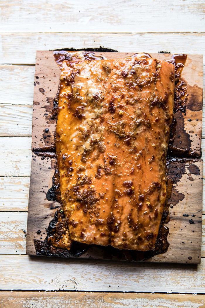 overhead photo of Honey Ginger Cedar Plank Grilled Salmon