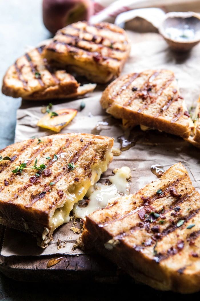 Honey, Peach, and Brie Panini with Bacon Butter | halfbakedhavrest.com #grilledcheese #peaches #easyrecipes #summer
