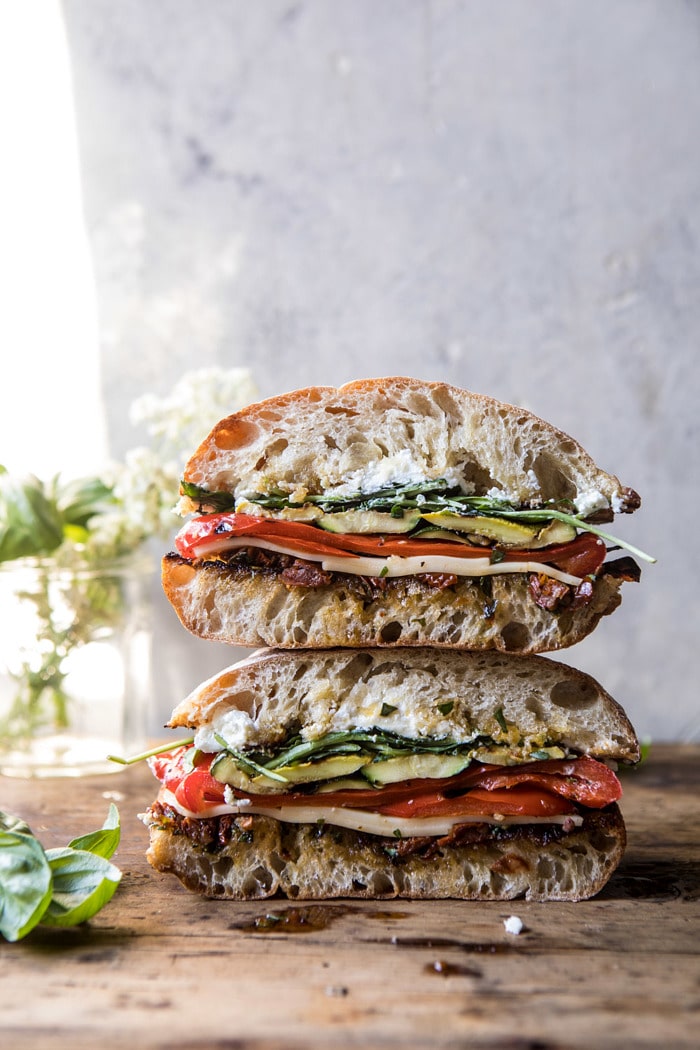 front on photo of two Marinated Veggie Cheese Sandwiches with Sun-Dried Tomato Pesto stacked on top of each other