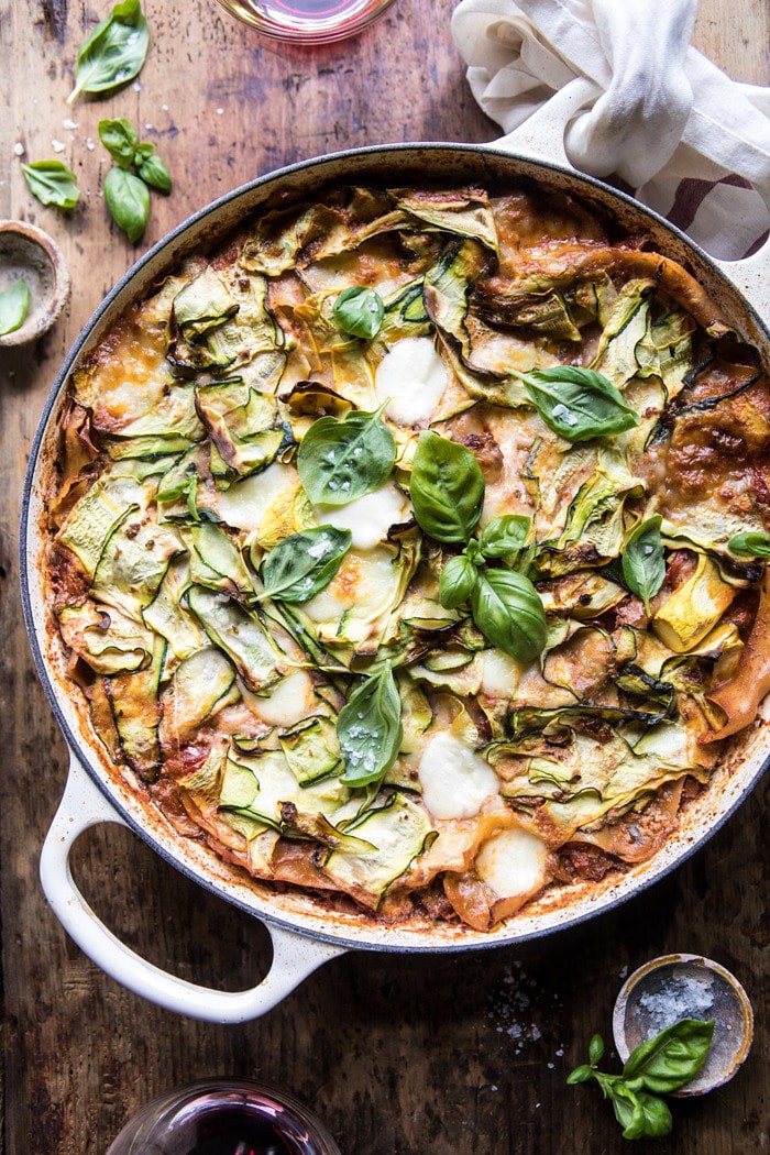 overhead photo of One Pan Zucchini and 3 Cheese Lasagna 