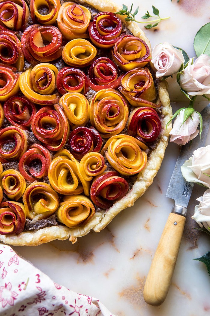 overhead close up photo of whole Sweet Peach Rose Tart 