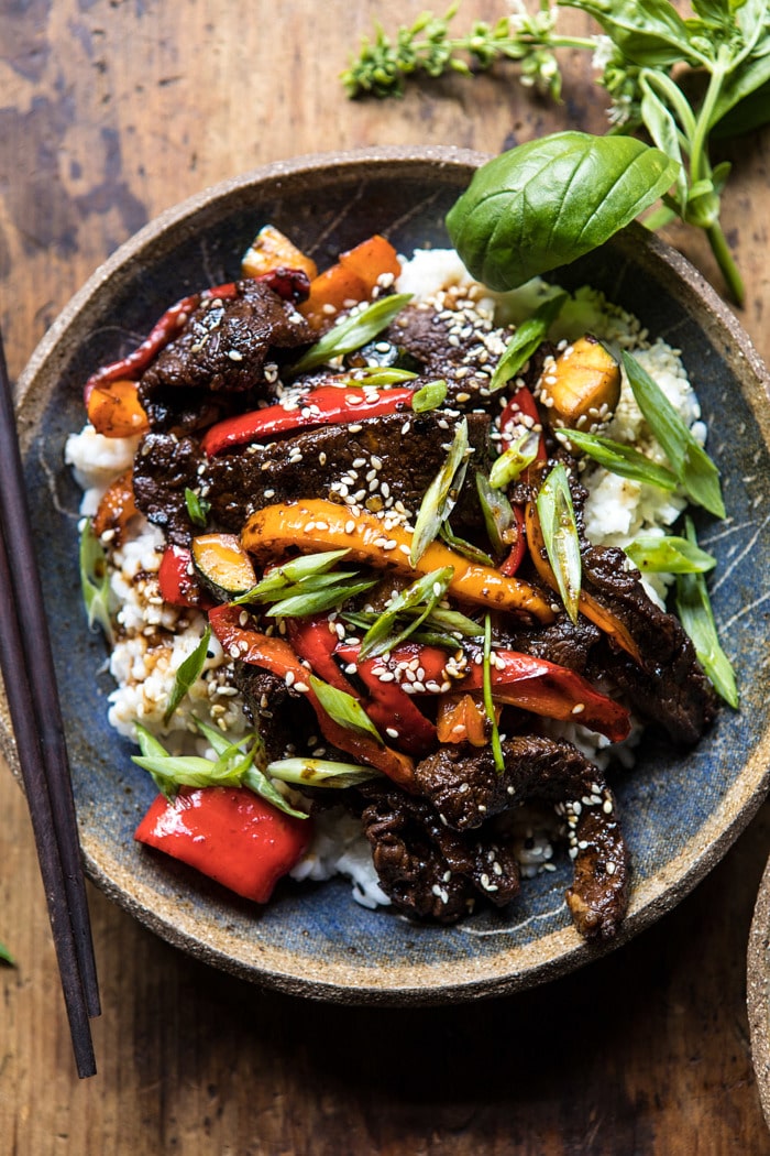 overhead close up photo of 30 Minute Korean Beef and Peppers with Sesame Rice 