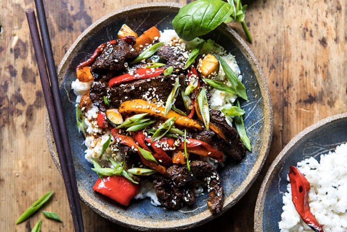 horizontal photo of 30 Minute Korean Beef and Peppers with Sesame Rice 
