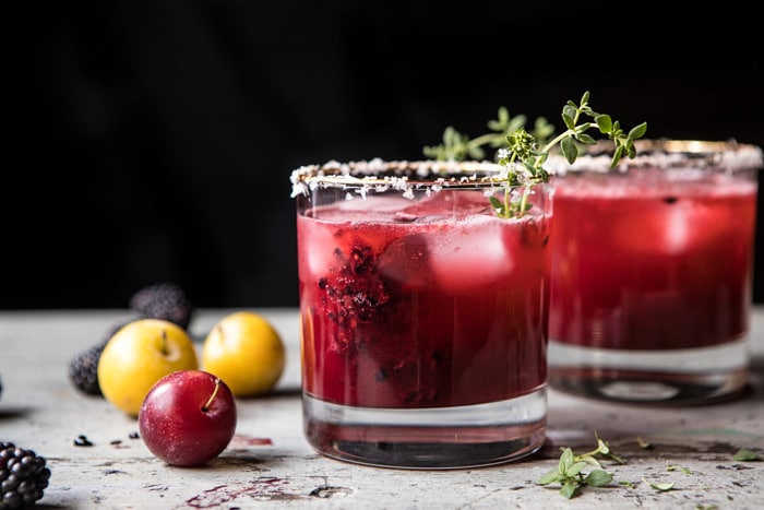 horizontal front on photo if Blackberry Thyme Margarita with plums in photo 