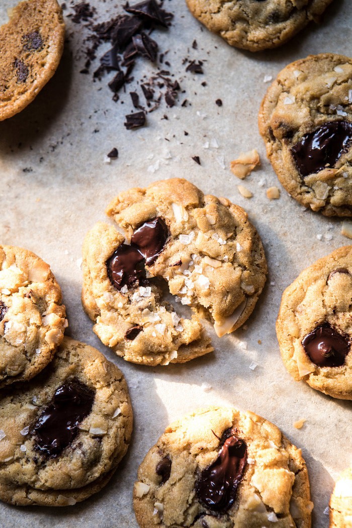 overhead photo of Browned Butter Coconut Chocolate Chip Cookies with sun streaking through