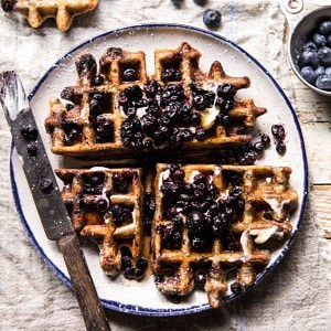Bursting Blueberry Cornmeal Waffles | halfbakedharvest.com #waffles #quick #easy #breakfast #brunch #blueberries