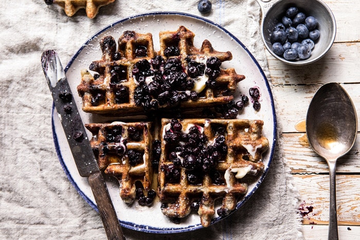 horizontal photo of Bursting Blueberry Cornmeal Waffles 