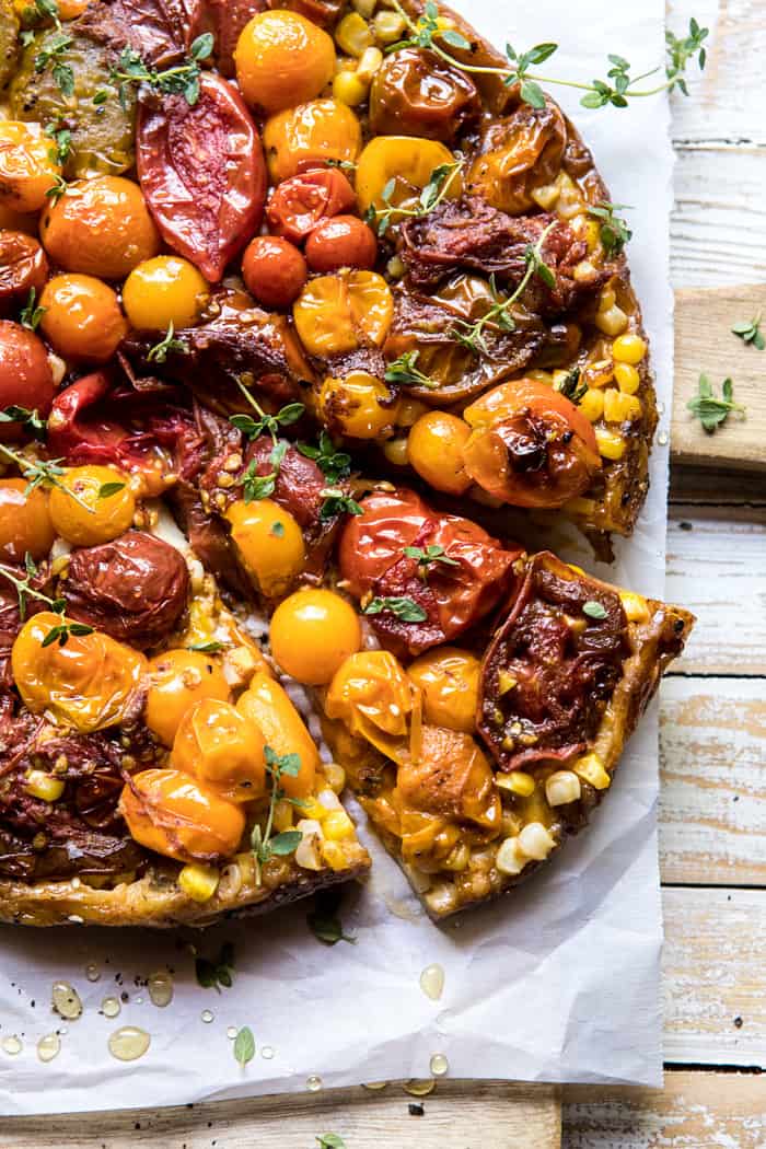 close up overhead photo of Caramelized Corn and Tomato Tarte Tatin 