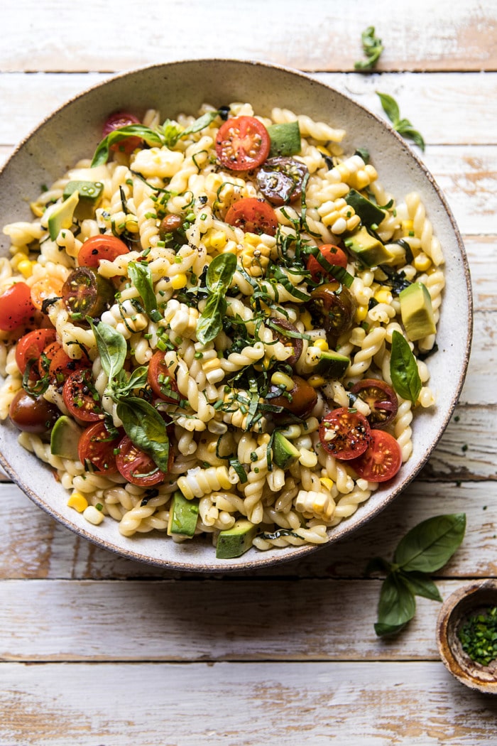 overhead photo of Corn, Tomato, and Avocado Pasta Salad 