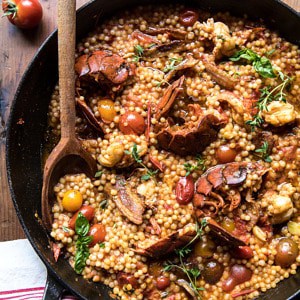 One Pot Tomato Basil Lobster and Herbed Pearl Couscous.