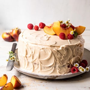 Peach Ricotta Layer Cake with Browned Butter Buttercream | halfbakedharvest.com #cake #summer #peaches #layercake