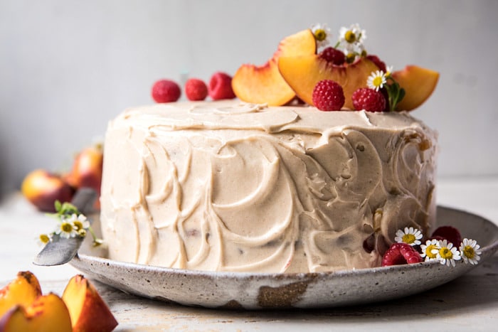 horizontal photo of Peach Ricotta Layer Cake with Browned Butter Buttercream 