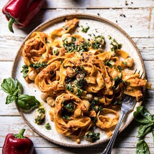 Roasted Red Pepper Pasta with White Beans and Basil | halfbakedharvest.com #pasta #easy #simple #vegan