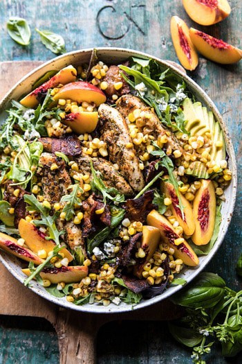 Rosemary Chicken, Caramelized Corn, and Peach Salad.