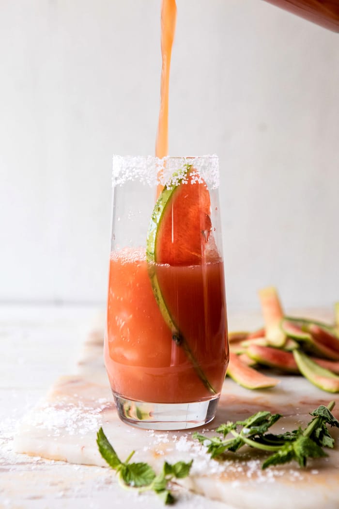 front on photo of pouring Watermelon Paloma into glass