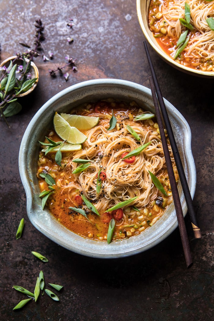 overhead photo of Saucy Coconut Curry with Rice Noodles and Garden Vegetables 