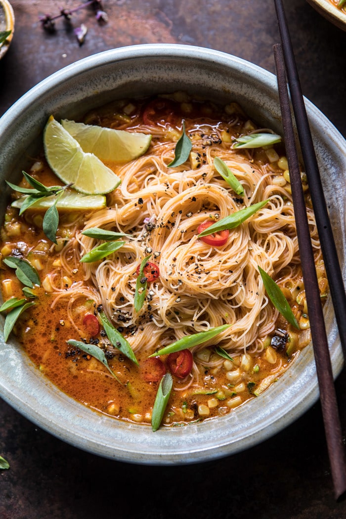 overhead close up photo of Saucy Coconut Curry with Rice Noodles and Garden Vegetables 