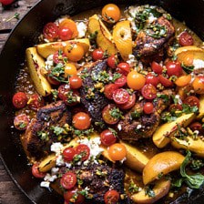 Skillet Moroccan Chicken with Tomatoes, Peaches, and Feta.
