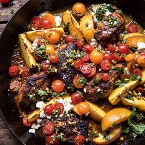 Skillet Moroccan Chicken with Tomatoes, Peaches, and Feta | halfbakedharvest.com #peaches #chicken #skilletrecipes #easyrecipes