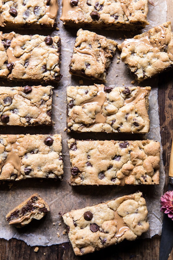 overhead photo of The Best Chocolate Chip Peanut Butter Swirled Cookie Bars