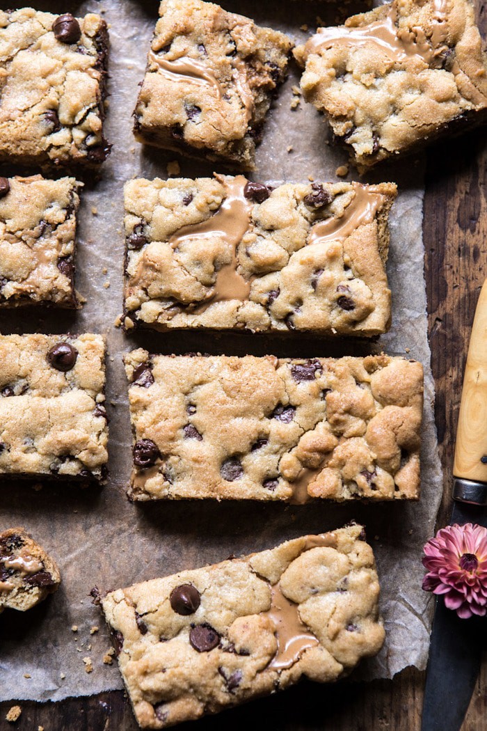 close up photo of Chocolate Chip Peanut Butter Swirled Cookie Bars
