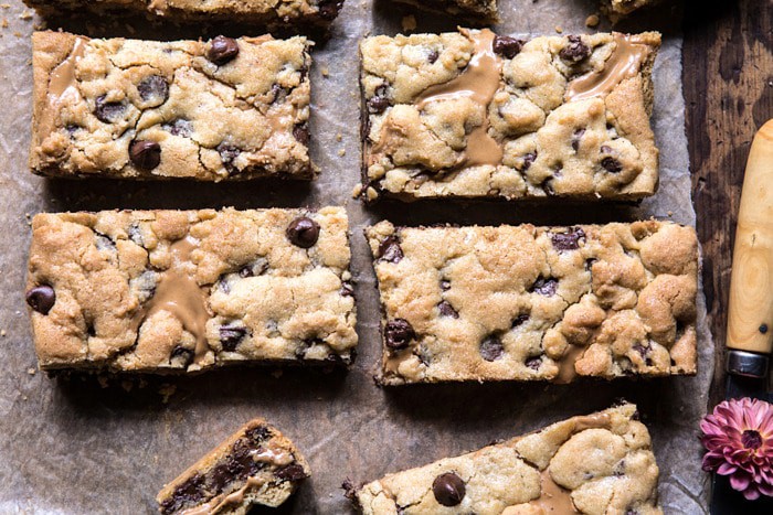 overhead horizontal photo of The Best Chocolate Chip Peanut Butter Swirled Cookie Bars