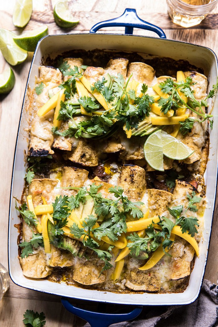 overhead photo of Salsa Verde Chicken and Zucchini Enchiladas with Mango