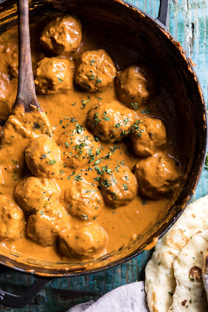 30 Minute Butter Chicken Meatballs in skillet with curry sauce