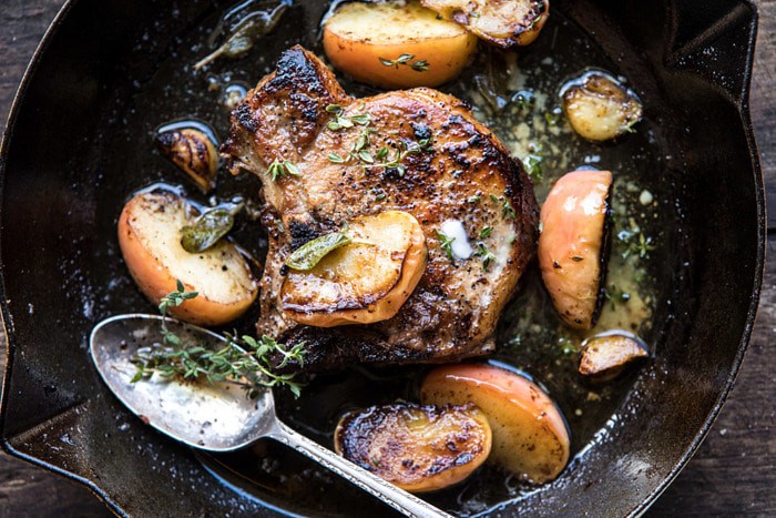 horizontal photo of Apple Butter and Sage Pork Chops in skillet 